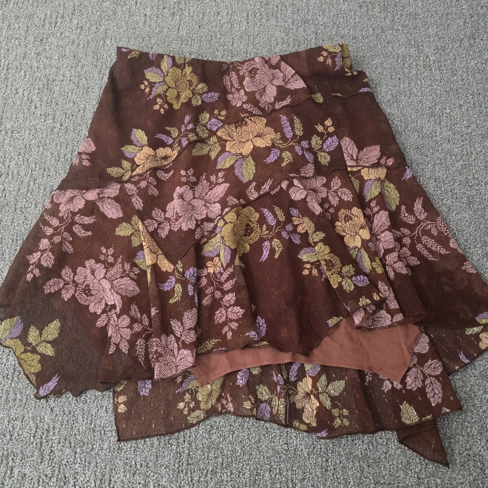 Free People Skirt M Brown Floral Ruffle Asymmetrical Handkerchief Boho Y2K